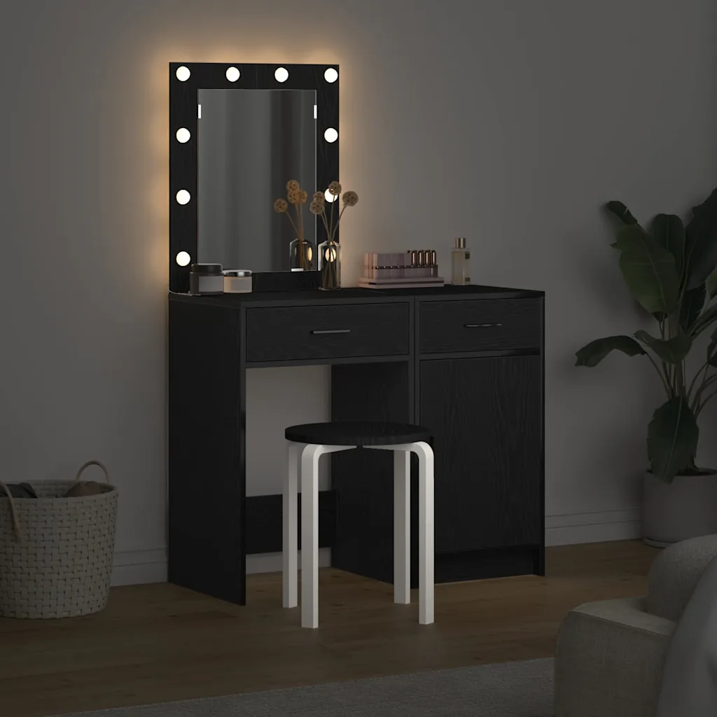 LED-valgustusega riietumislaud sahtli ja kapiga, 2 tk, must tehispuit, 50 x 41 x 135 cm