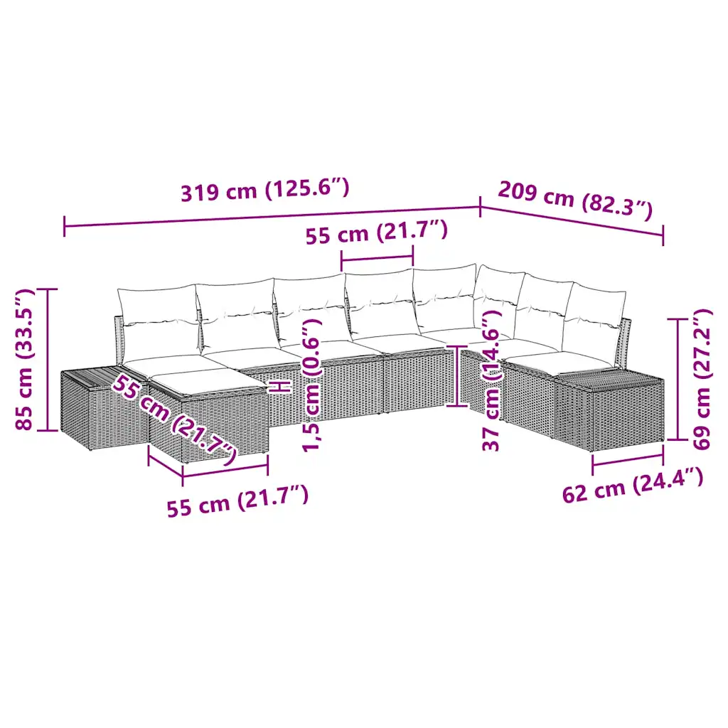 8-osaline polürotangist modulaarne aia diivanikomplekt patjadega, beež