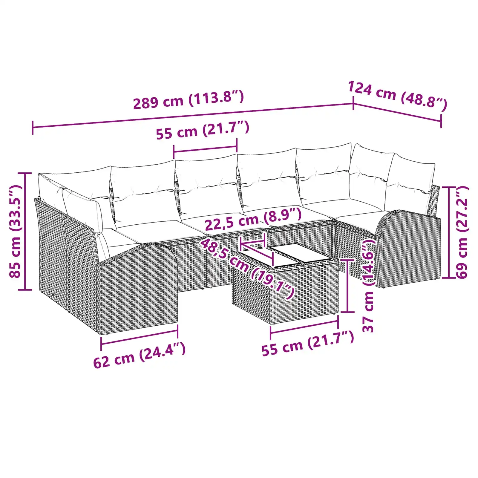 Modulaarne aiamööbli nurgadiivanikomplekt, pruun polürotang, punased padjad, laud 55 x 55 x 37 cm