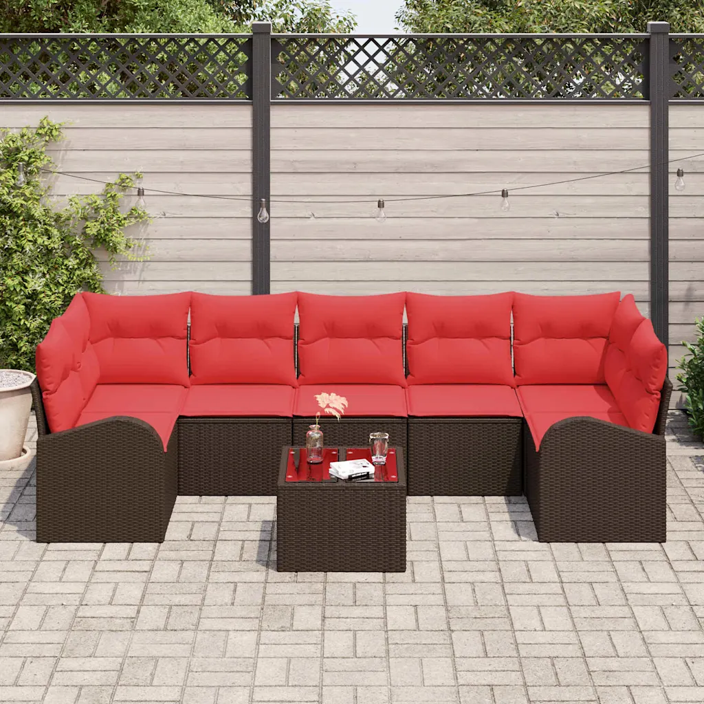 Modulaarne aiamööbli nurgadiivanikomplekt, pruun polürotang, punased padjad, laud 55 x 55 x 37 cm