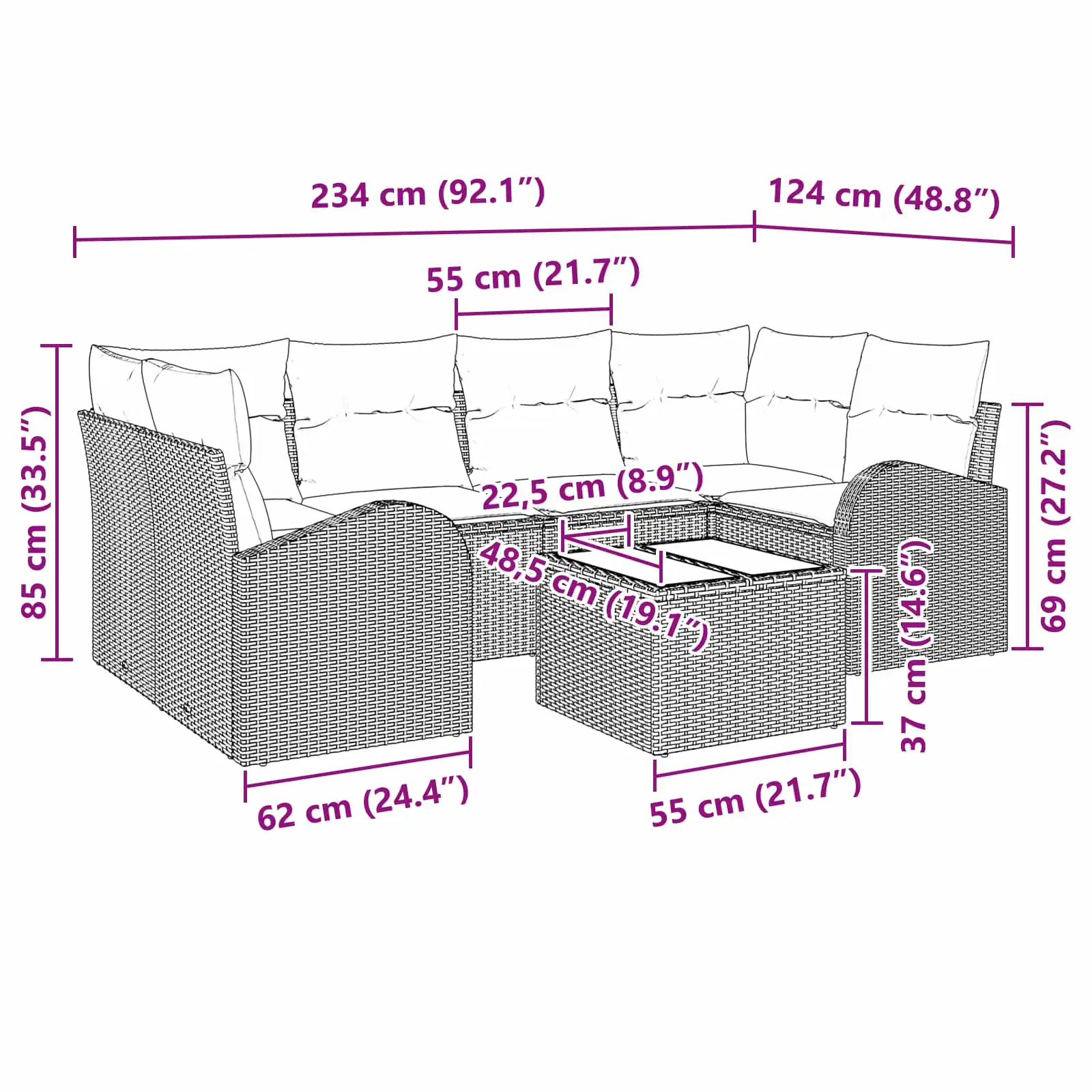 7-osaline pruun polürotangist aiamööbli nurgakomplekt lauaga 55 x 55 x 37 cm