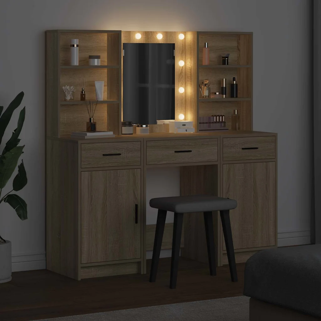 3-osaline riietuslauakomplekt LED-peegliga, sonoma tamm, tehispuit