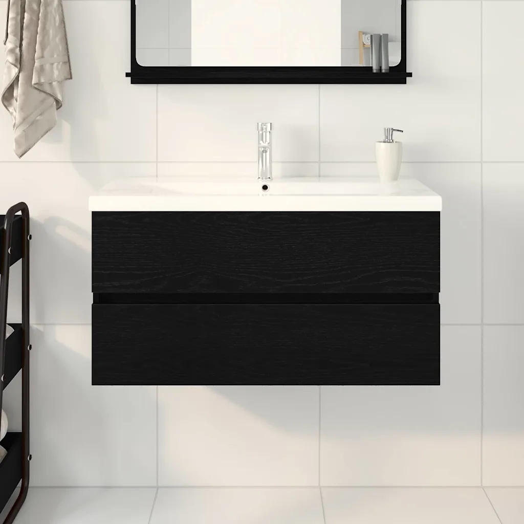 Seinale kinnitatav kraanikausikapp, must tamm, tehispuit, 90 x 39 x 62 cm