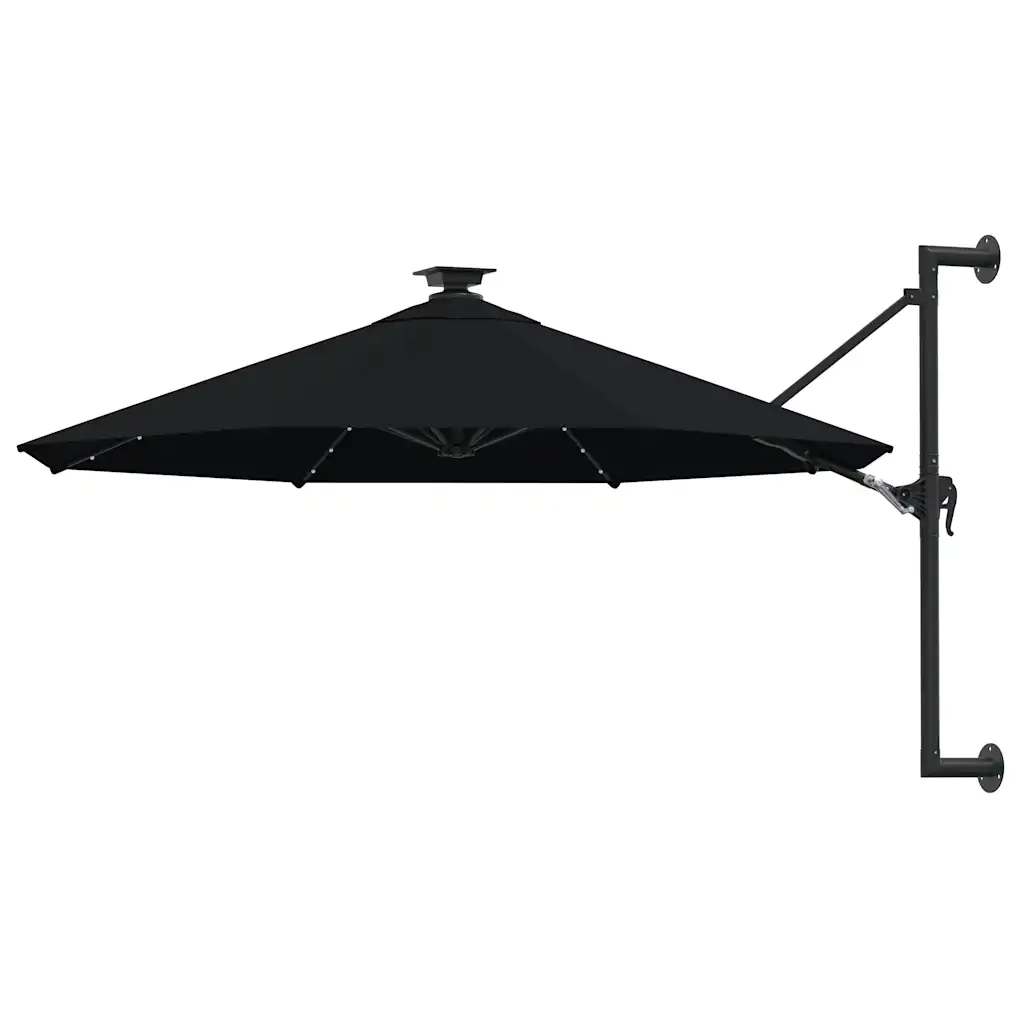 Seinale kinnitatav päikesevari LED-tulede ja vändasüsteemiga, 300 cm, must