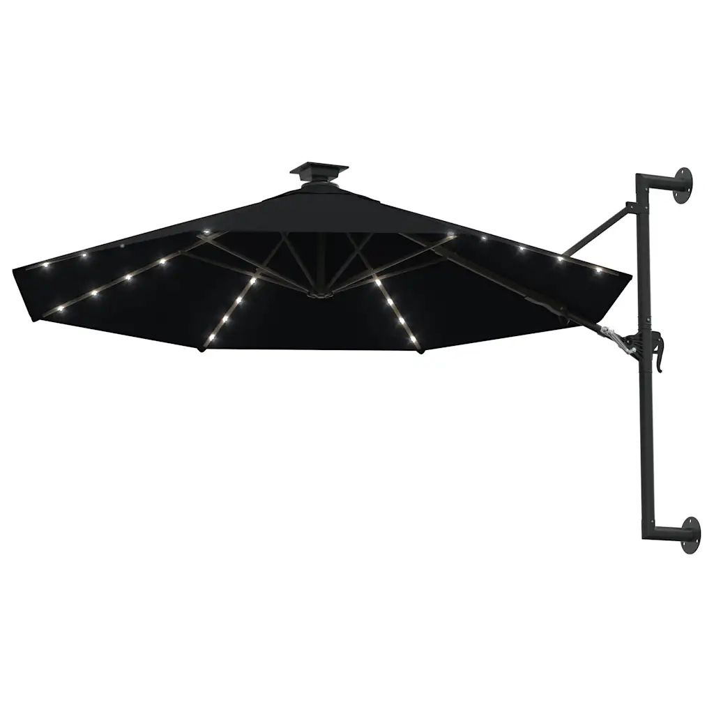 Seinale kinnitatav päikesevari LED-tulede ja vändasüsteemiga, 300 cm, must