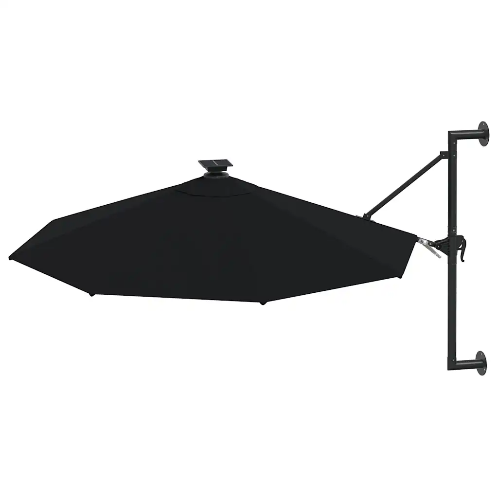 Seinale kinnitatav päikesevari LED-tulede ja vändasüsteemiga, 300 cm, must