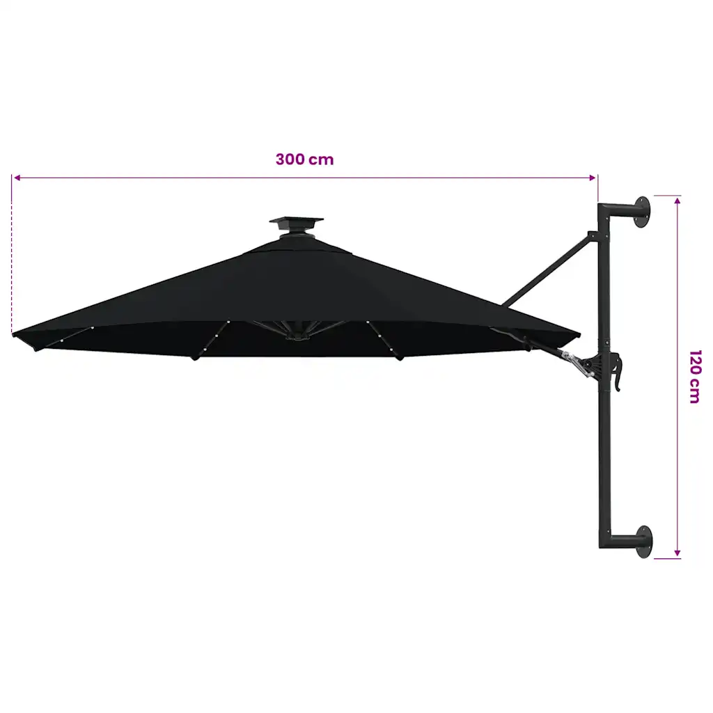 Seinale kinnitatav päikesevari LED-tulede ja vändasüsteemiga, 300 cm, must