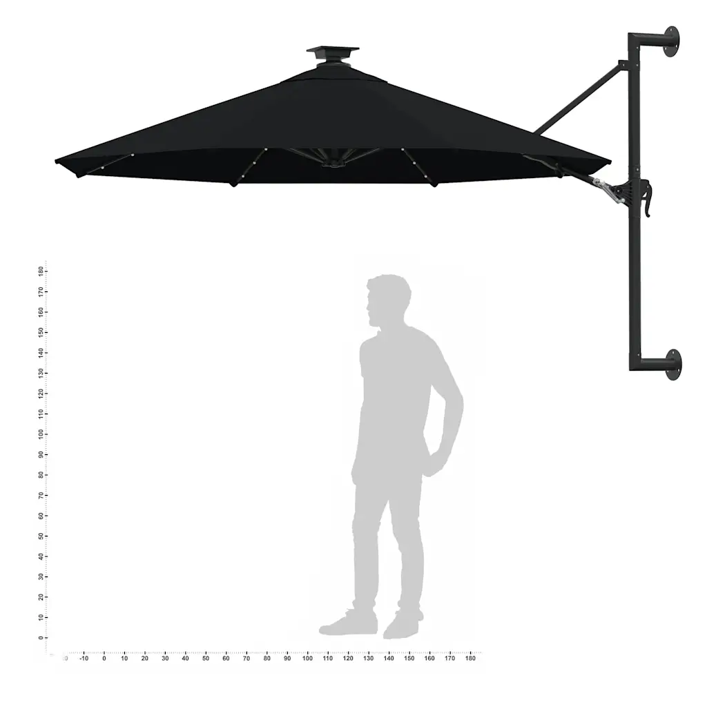 Seinale kinnitatav päikesevari LED-tulede ja vändasüsteemiga, 300 cm, must