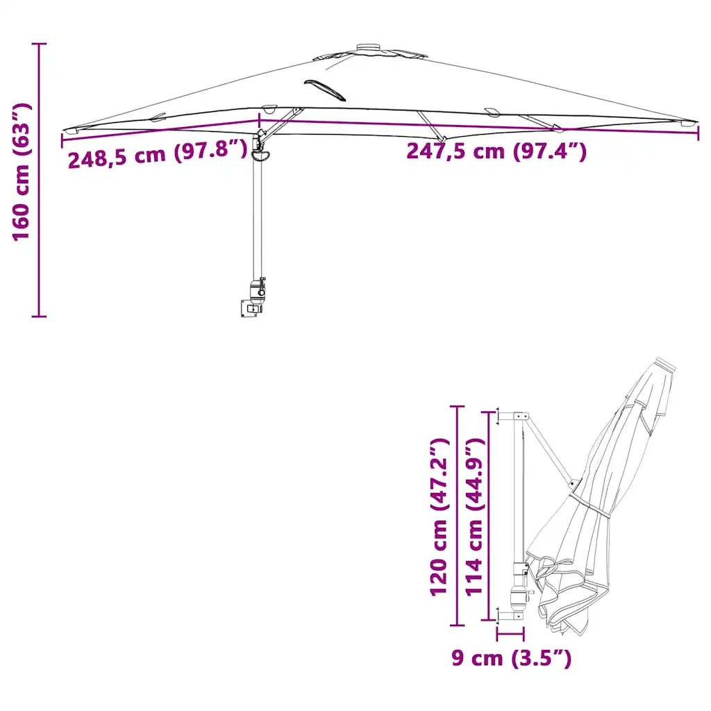 Seinapealne terrassivihmavari kallutusfunktsiooniga, must polüester ja teras, 247,5 x 248,5 x 160 cm