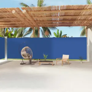 Lahtitõmmatav kahepoolne külgsein terrassile, sinine, automaatse tagasikerimisega, 220 x 1200 cm