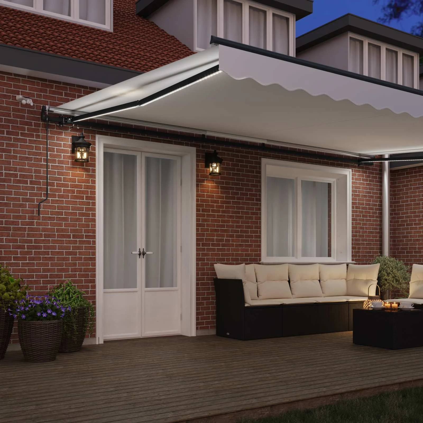 Sissetõmmatav terrassimarkiis LED-valgustusega, valge polüester, 500 x 350 cm, kaugjuhtimise ja tuule- ning valgusanduriga