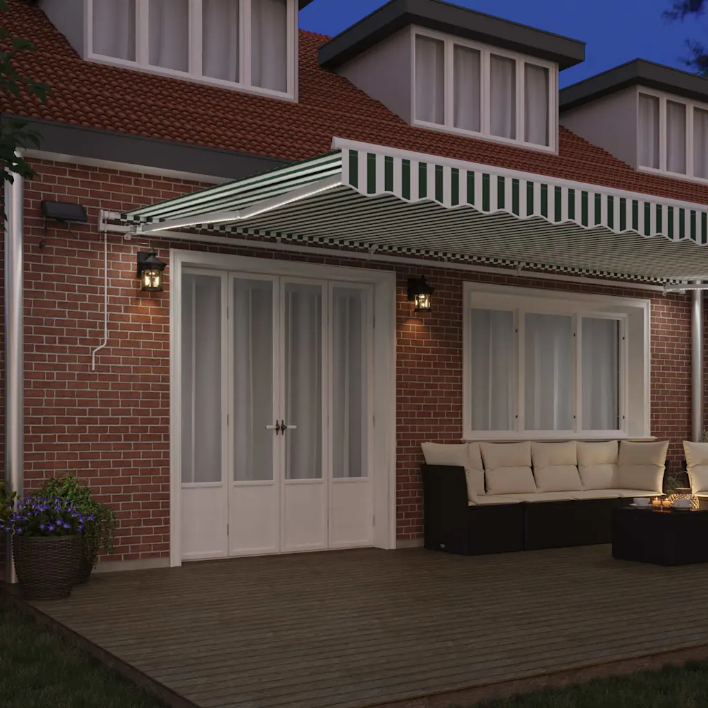 Sissetõmmatav terrassivarikatus LED-valgustusega, roheline-valge, 600 x 300 cm, kangas ja alumiinium