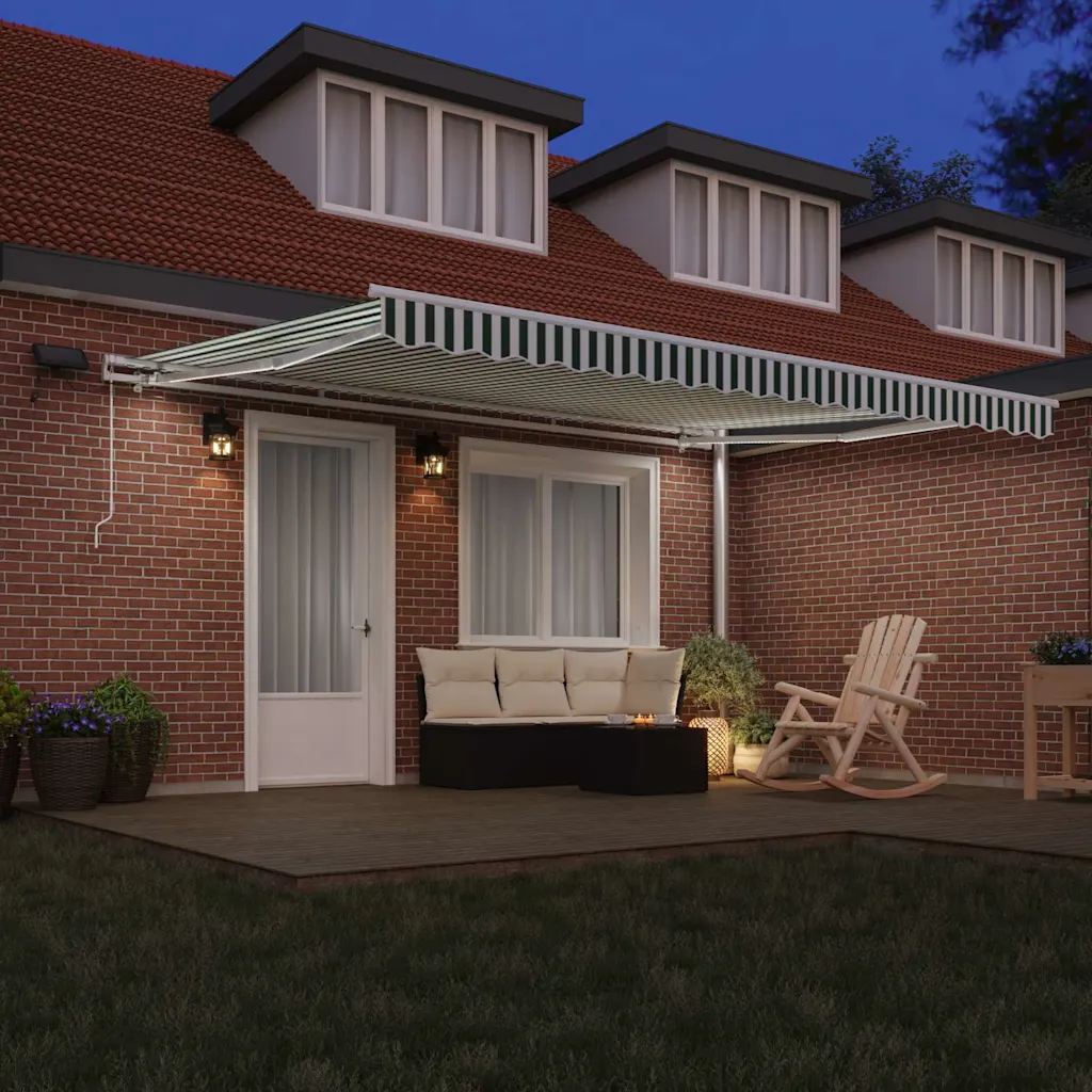 Sissetõmmatav terrassivarikatus LED-valgustusega, roheline-valge, 450 x 300 cm