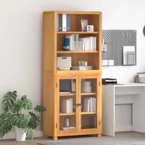 Tamme täispuidust vitriinkappide komplekt, 2 tk, naturaalne, klaasuste ja riiulitega, 80 x 35 x 185 cm