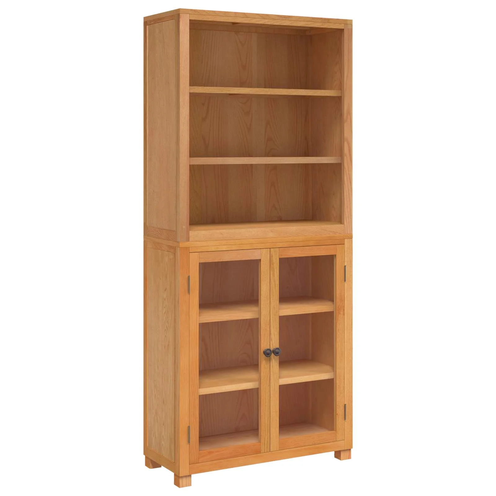 Tamme täispuidust vitriinkappide komplekt, 2 tk, naturaalne, klaasuste ja riiulitega, 80 x 35 x 185 cm