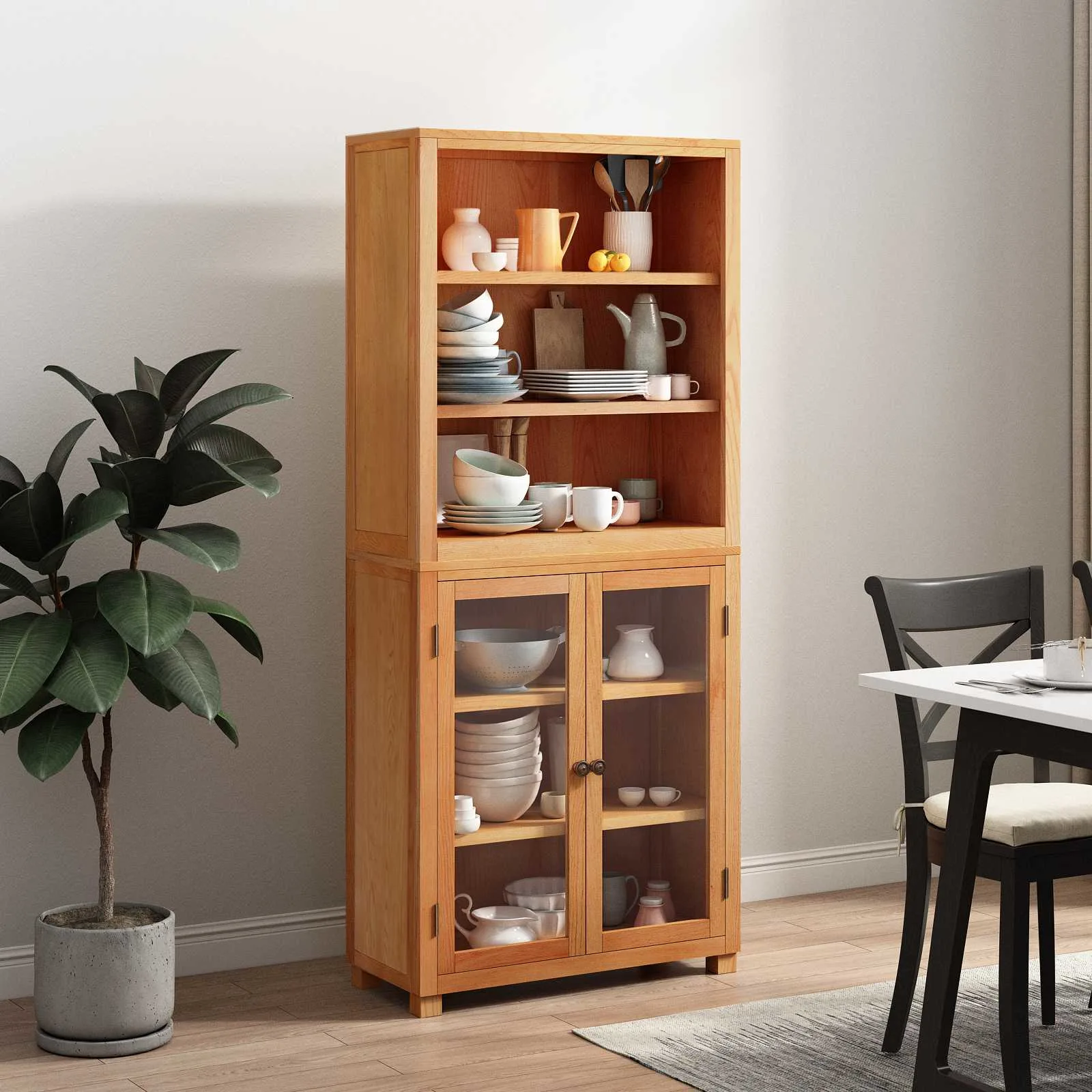 Tamme täispuidust vitriinkappide komplekt, 2 tk, naturaalne, klaasuste ja riiulitega, 80 x 35 x 185 cm