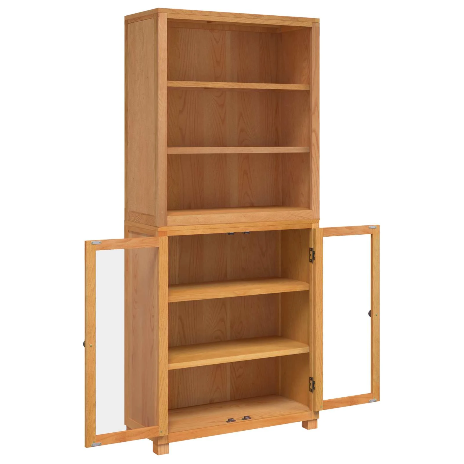 Tamme täispuidust vitriinkappide komplekt, 2 tk, naturaalne, klaasuste ja riiulitega, 80 x 35 x 185 cm