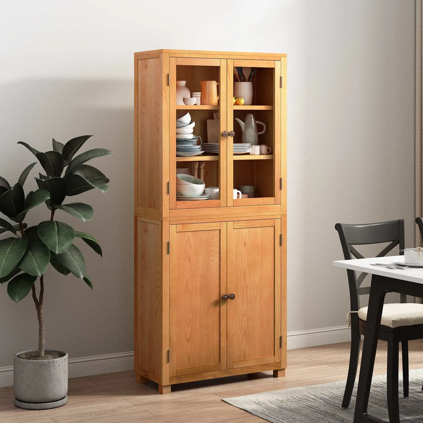 Tammepuidust hoiukappide komplekt klaasustega, 2 osa, naturaalne, 80 x 35 x 185 cm