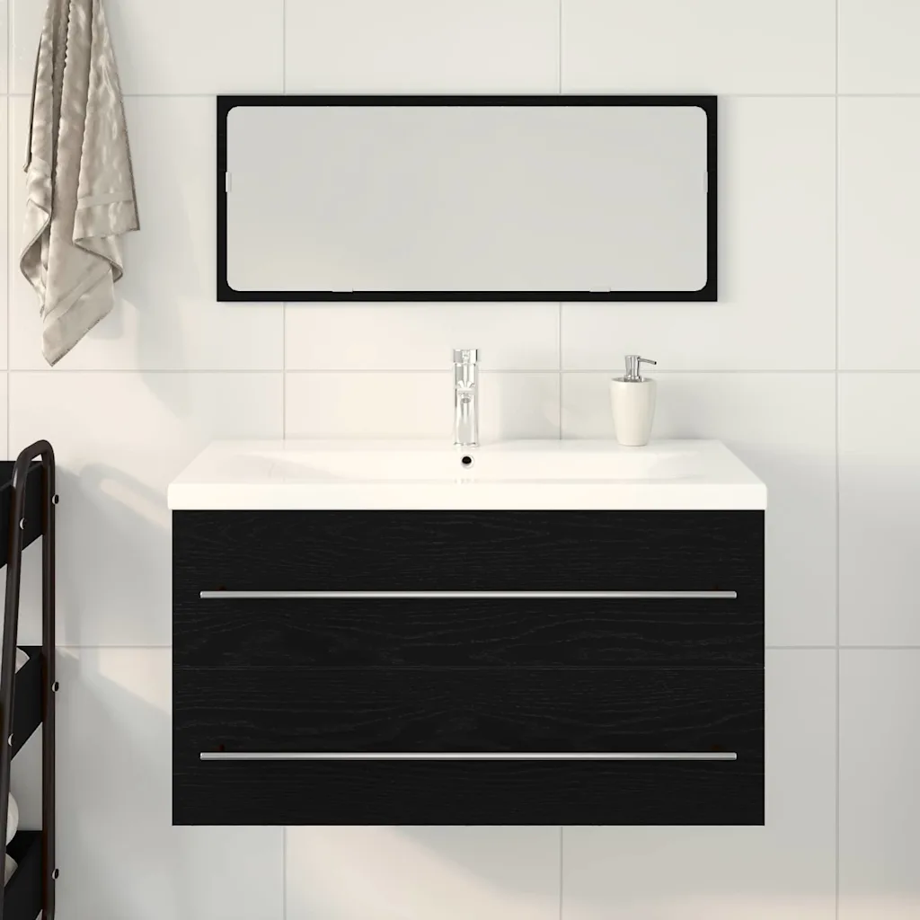 Seinale kinnitatav vannitoa valamukapp kraanikausiga, must tamm, 90 x 38,5 x 48 cm