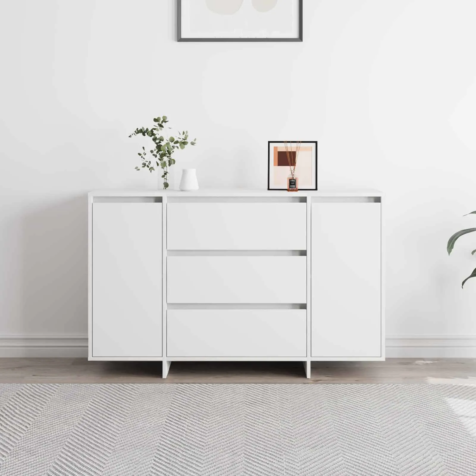 Valge kapp 3 sahtli ja 2 uksega, tehispuit, 120 x 41 x 75 cm