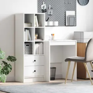Kirjutuslaud kõrge riiulkapiga ja 2 sahtliga, 2-osaline valge komplekt, 145,5 x 40 x 127 cm