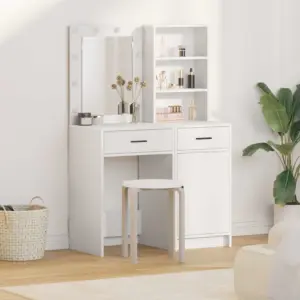 Valge kosmeetikalaud LED-peegliga, 2-osaline komplekt, tehispuit