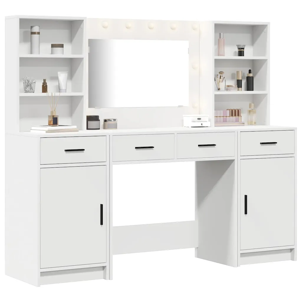 Valge LED-peegliga kosmeetikalaudade komplekt, 3-osaline, tehispuit, 158,5 x 41 x 135 cm