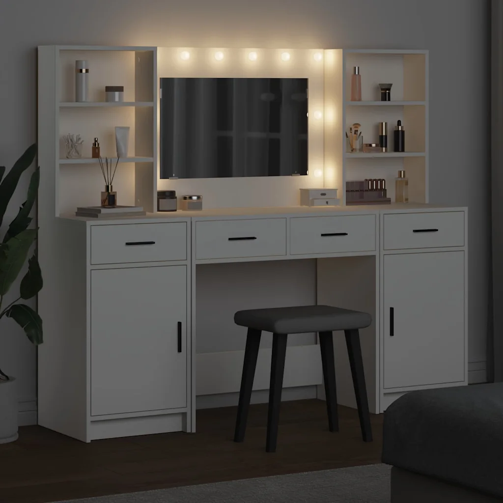 Valge LED-peegliga kosmeetikalaudade komplekt, 3-osaline, tehispuit, 158,5 x 41 x 135 cm
