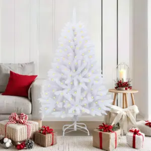 Valge kunstkuusk 150 cm hingedega okste ja 150 LED tulega, PVC ja metall