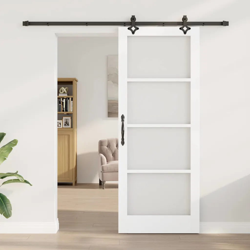 Valge männipuidust ja klaasist liuguks rööpa ja tarvikutega, 83 x 211 cm