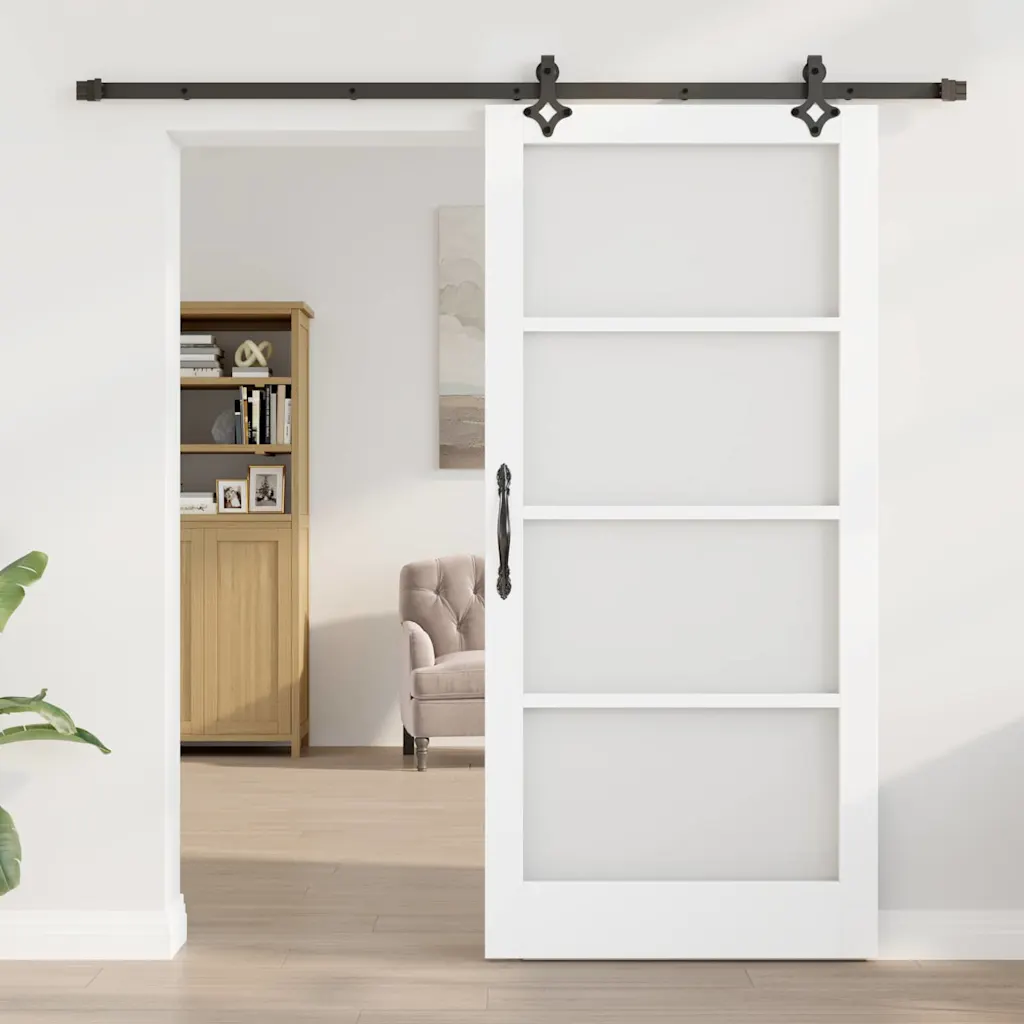 Valge männipuidust ja klaasist liuguks riistvarakomplektiga, 93 x 202 cm, rööbas 213,5 cm