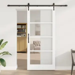 Valge männipuidust ja klaasist liuguks musta siiniga, 93 x 211 cm