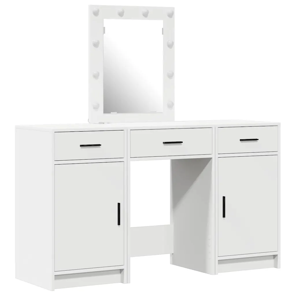 Valge meigilaud LED-peegliga, 3 sahtlit ja kapid, tehispuit, 50 x 41 x 135 cm