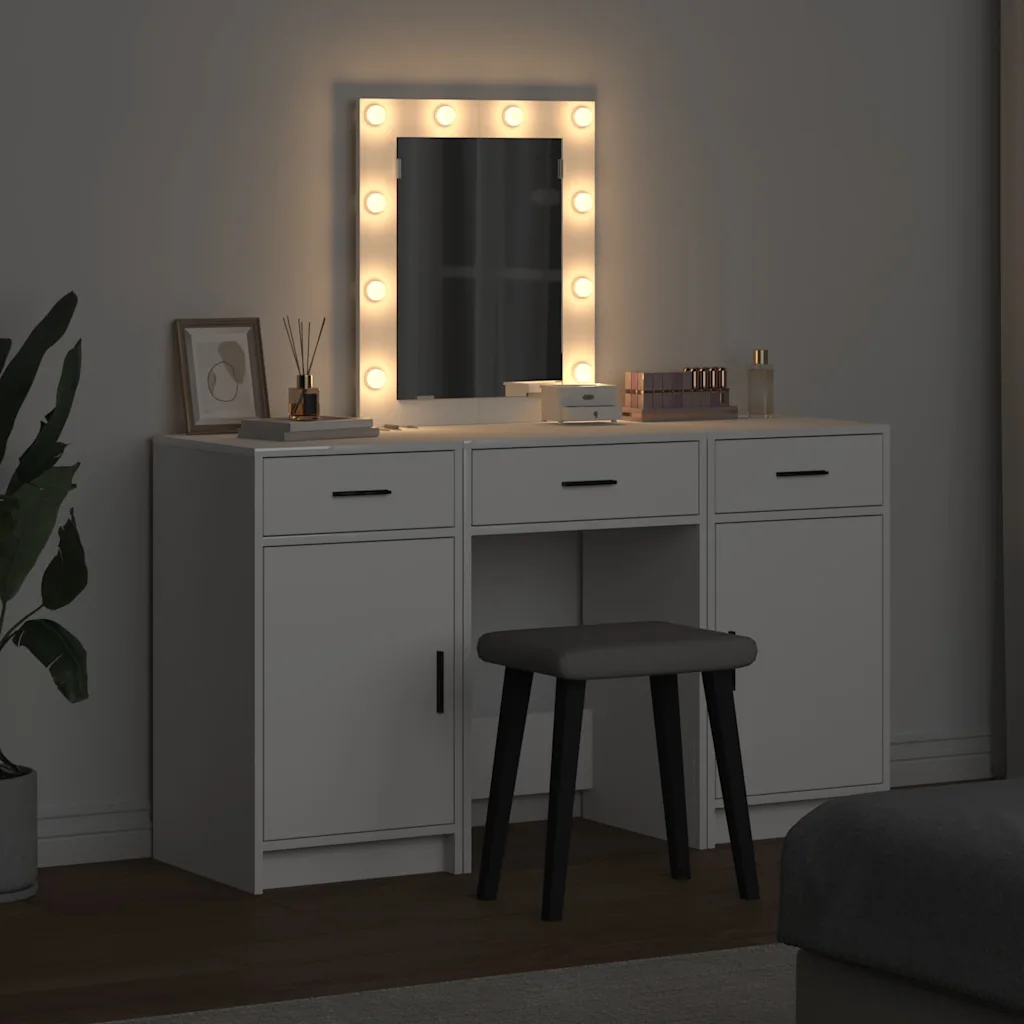 Valge meigilaud LED-peegliga, 3 sahtlit ja kapid, tehispuit, 50 x 41 x 135 cm