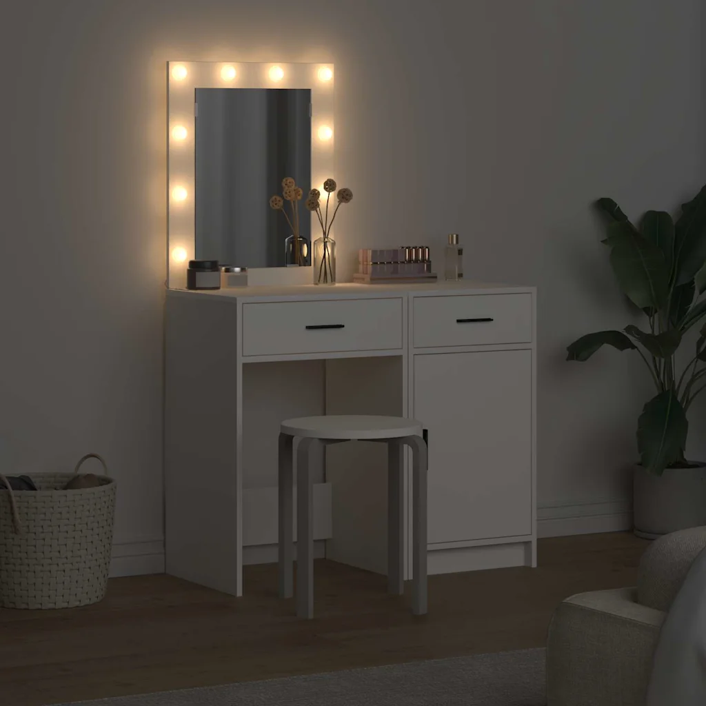 Tualettlaud LED-valgustusega peegliga, sahtliga, 2 tk, valge tehispuit, 50 x 41 x 135 cm