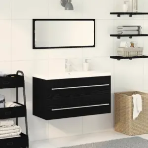 Rippuv vannitoa valamukapp 2 sahtliga, peegli ja kraanikausiga, must tamm, 90 cm, 3-osaline komplekt