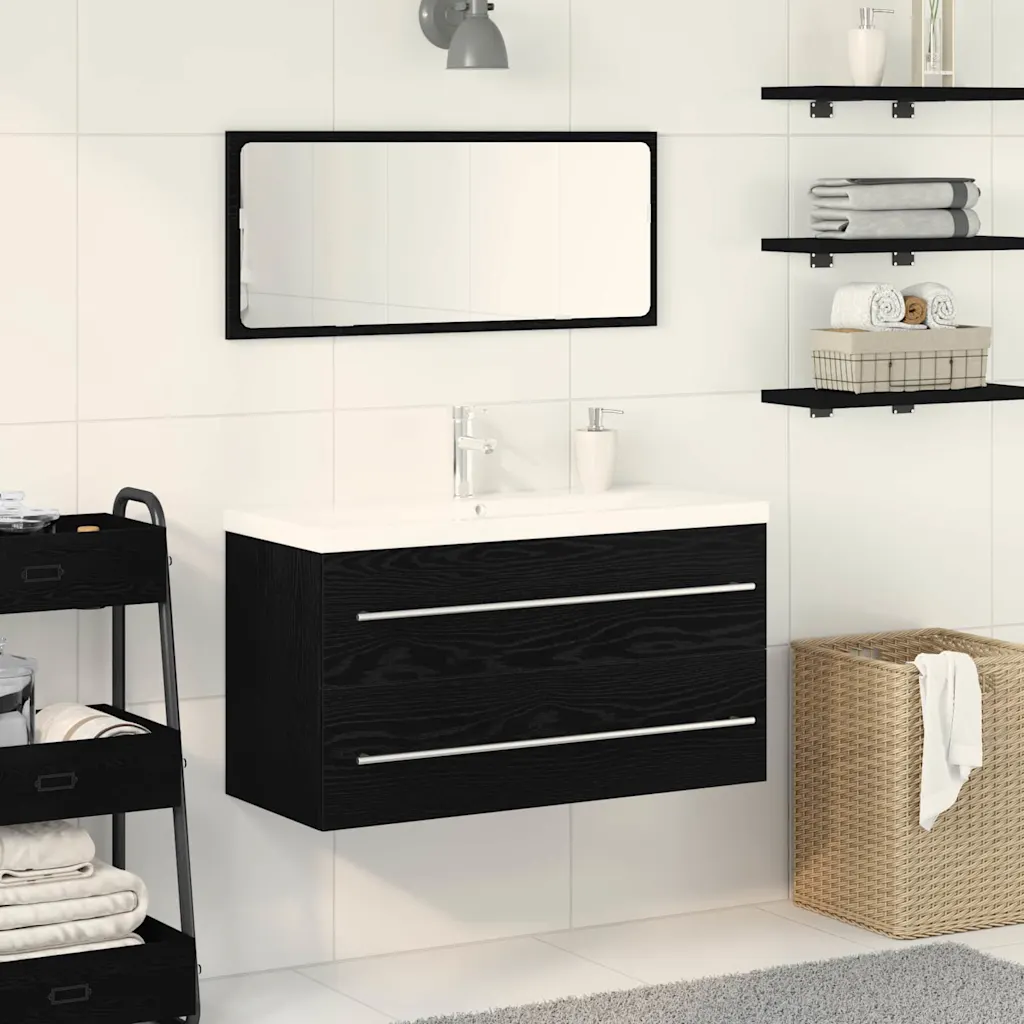 Rippuv vannitoa valamukapp 2 sahtliga, peegli ja kraanikausiga, must tamm, 90 cm, 3-osaline komplekt