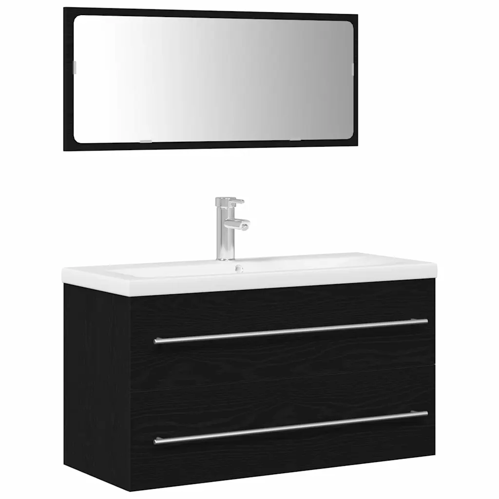 Rippuv vannitoa valamukapp 2 sahtliga, peegli ja kraanikausiga, must tamm, 90 cm, 3-osaline komplekt