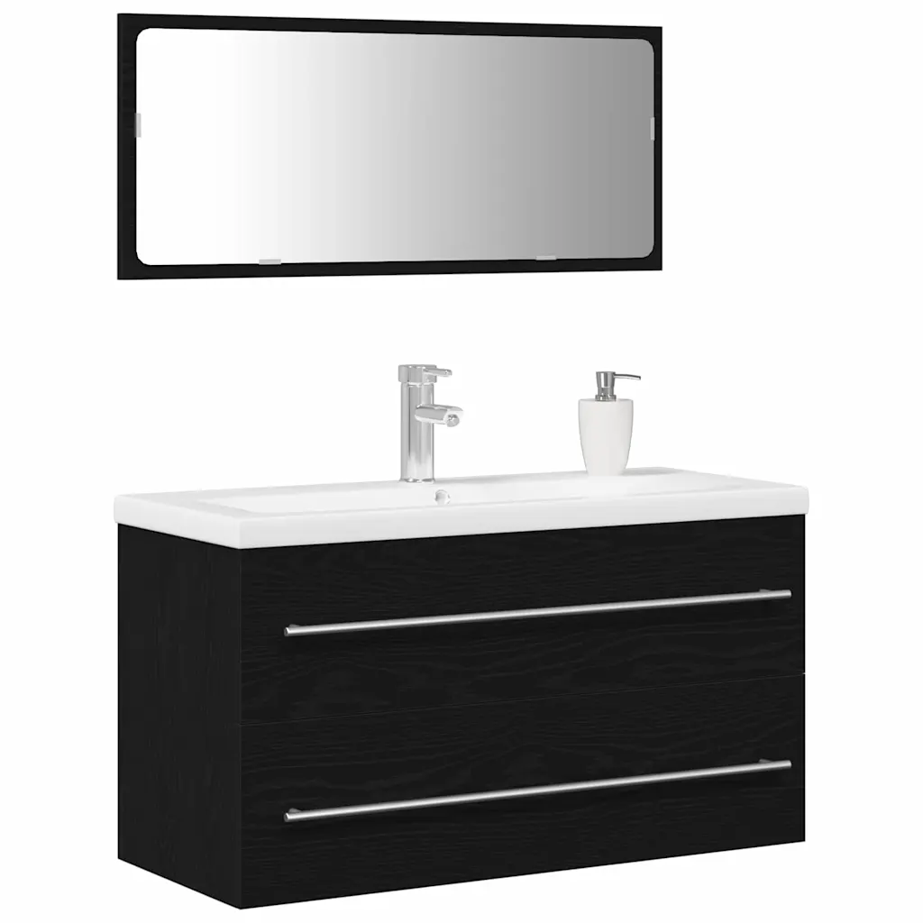 Rippuv vannitoa valamukapp 2 sahtliga, peegli ja kraanikausiga, must tamm, 90 cm, 3-osaline komplekt