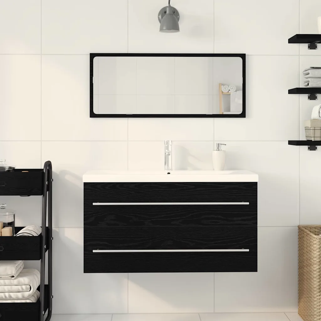 Rippuv vannitoa valamukapp 2 sahtliga, peegli ja kraanikausiga, must tamm, 90 cm, 3-osaline komplekt