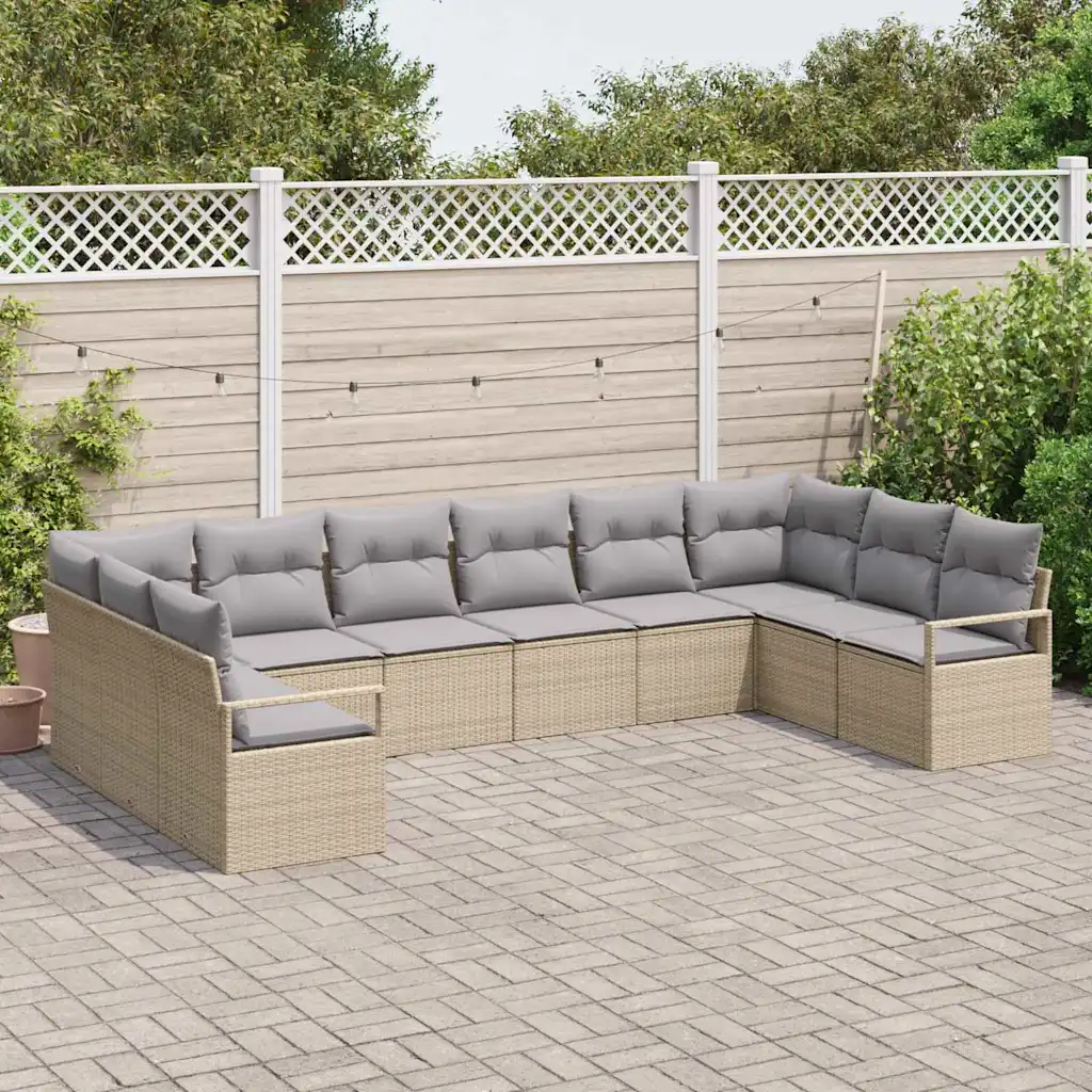 Aiamööbli diivanikomplekt patjadega, 10-kohaline, beež polürotang, modulaarne