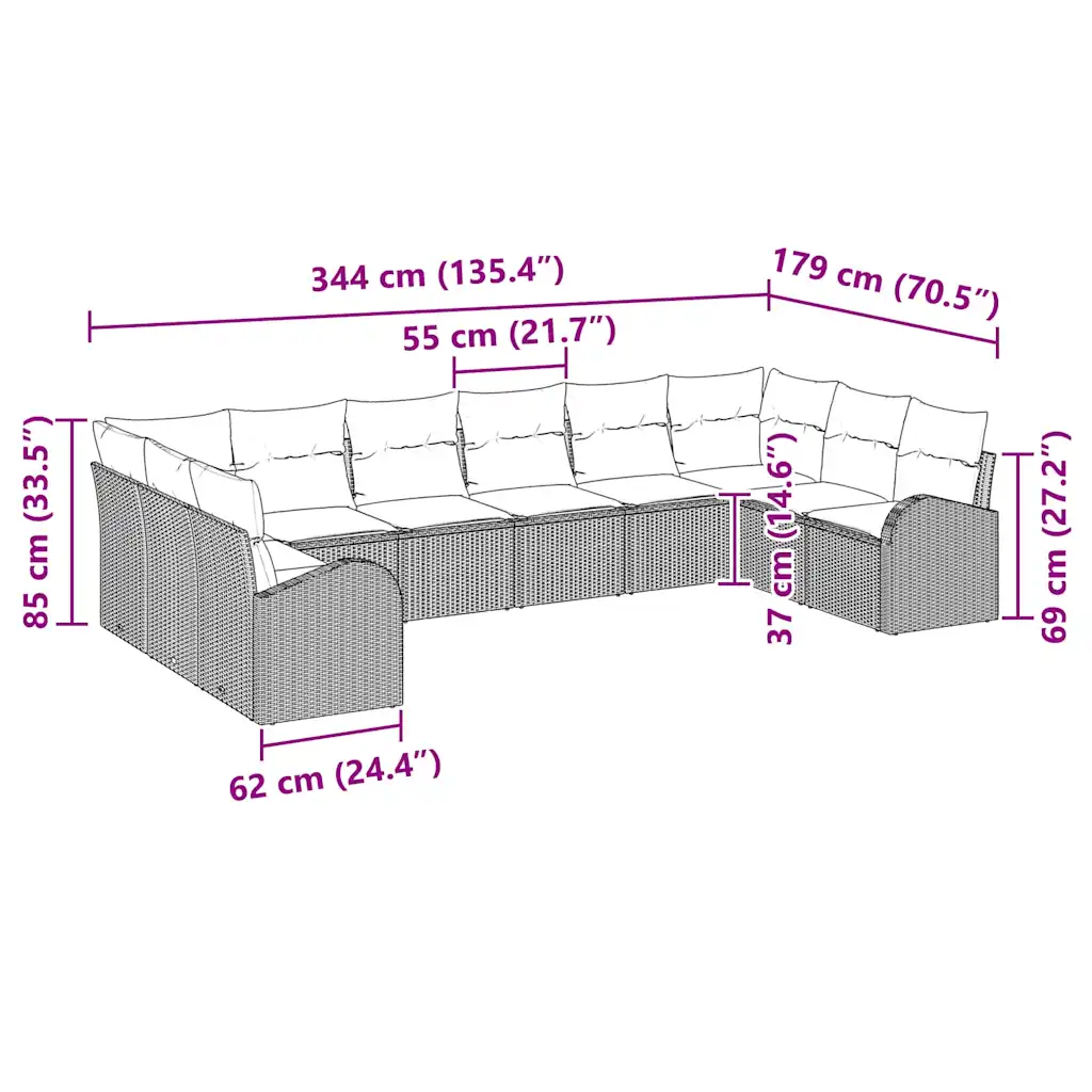 10-kohaline modulaarne aiadiivanikomplekt patjadega, must polürottang