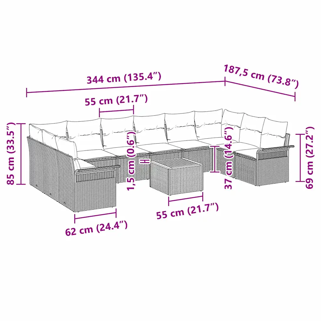 11-osaline modulaarne aia diivanikomplekt patjadega, beež polürotang