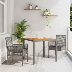 3-osaline hallist polürotangist aiamööbli komplekt, laud 90 x 90 cm, 2 tooli ja padjad