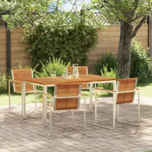 Pruun akaatsiapuidust 5-osaline aiamööbli komplekt roostevaba terasraamiga, laud 150 x 90 cm