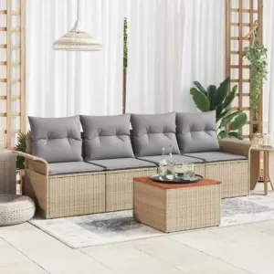 5-osaline modulaarne aiadiivani komplekt patjadega, beež polürotang ja akaatsiapuit, 4 istekohaga