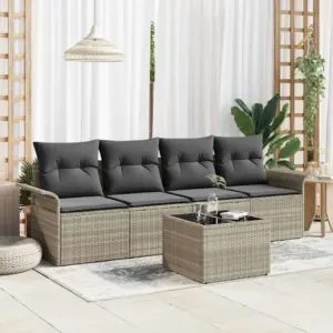 Modulaarne 5-osaline helehall polürotangist aiamööbli komplekt patjadega, 4-kohaline diivan ja laud 55 x 55 cm