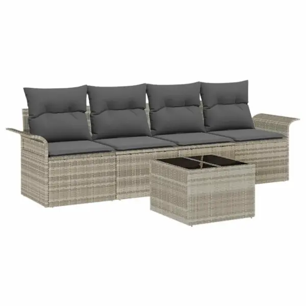 Modulaarne 5-osaline helehall polürotangist aiamööbli komplekt patjadega, 4-kohaline diivan ja laud 55 x 55 cm - 2