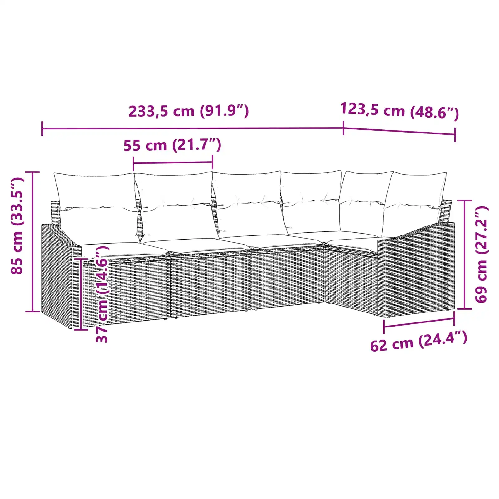 Aia diivanikomplekt patjade ja panipaigaga, 5-osaline, must polürotang, 5 istekohta, 233,5 x 123,5 x 85 cm