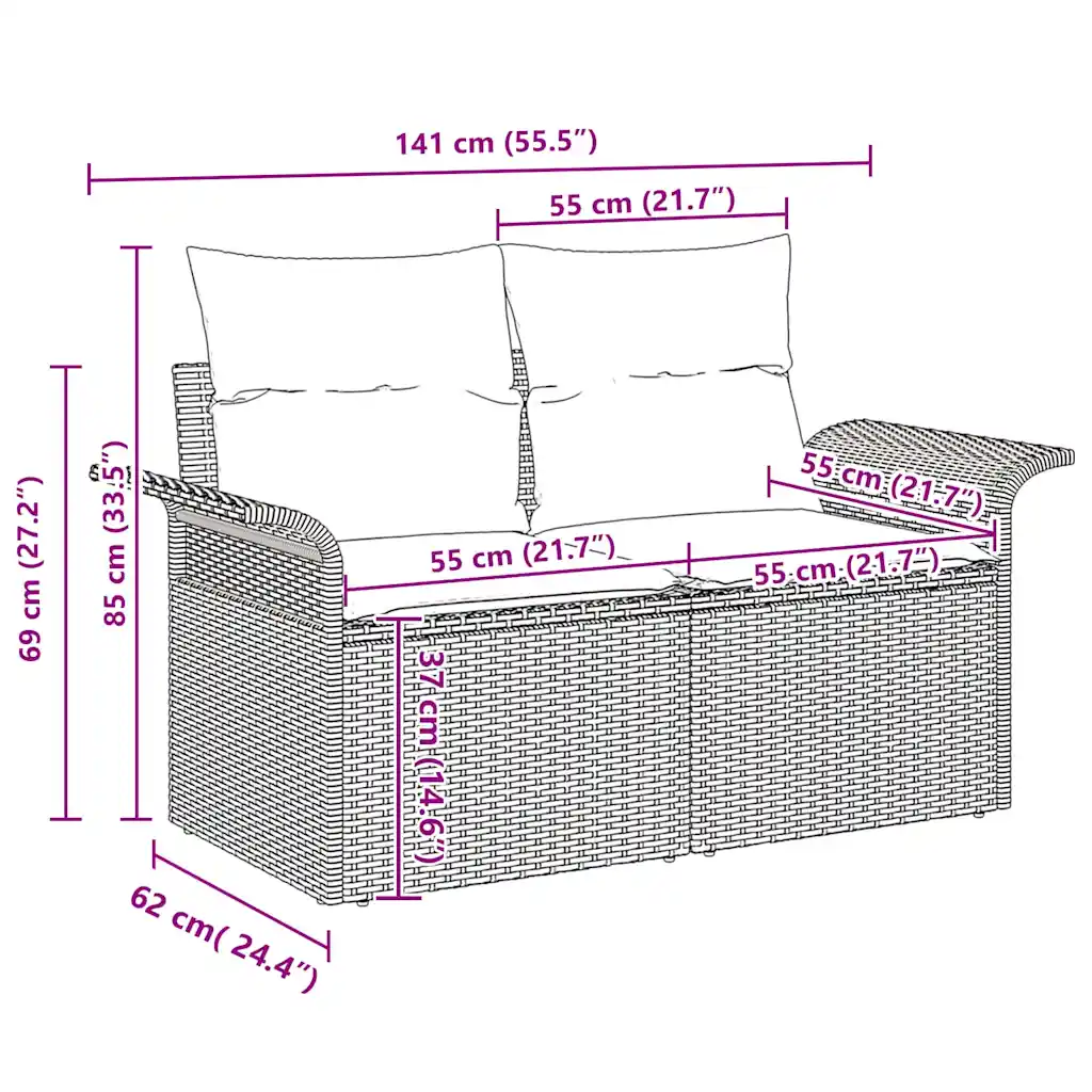 6-osaline modulaarne aediivanikomplekt patjadega, hall polürotang ja akaatsiapuidust lauaplaat, 5 istekohta